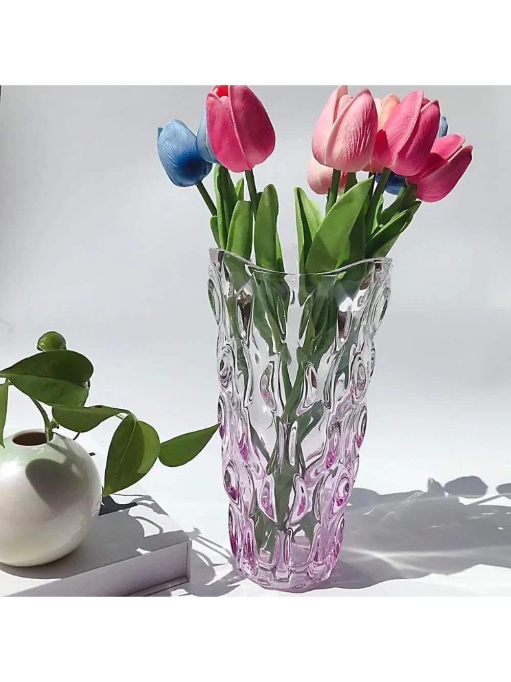9.5 Inch Pink Sparkle Heavy Glass Flower Vase Bohemian Style Perfect Home Dec